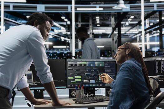 Supervisor checking work done by engineer programming in server hub housing infrastructure storing datasets. African american team leader overseeing IT specialist repairing data center racks photo