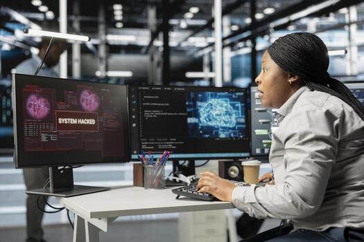 Computer scientist in AI server hub afraid by hacker attack stealing sensitive information. Artificial intelligence data center employee disturbed by ransomware virus during security breach photo