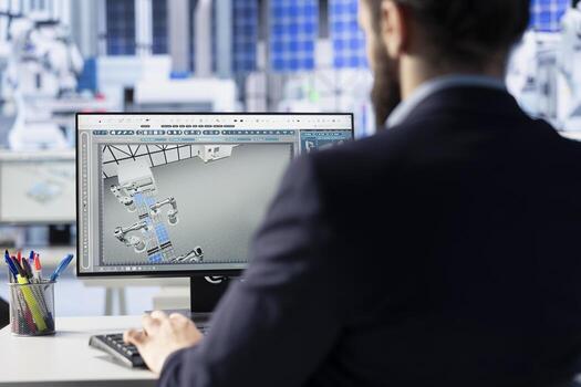 Photovoltaics factory expert creates CAD models and technical drawings for solar modules using computer. Worker uses PC to develop and optimize solar panel designs for efficiency and manufacturability photo