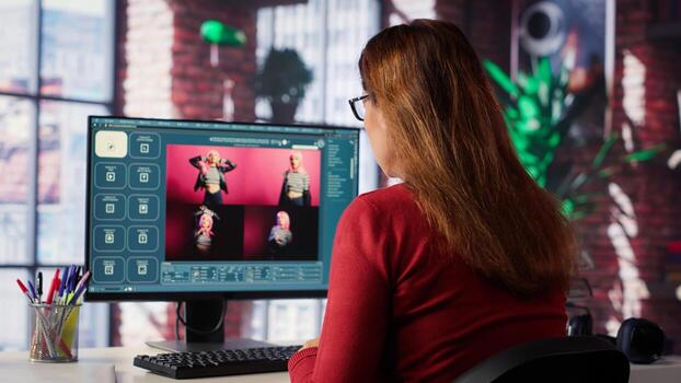 Graphic designer using AI chatbot turning text prompt into photos and retouching, ensure original content for clients. Creative woman using machine learning for photographer portfolio. Camera A.