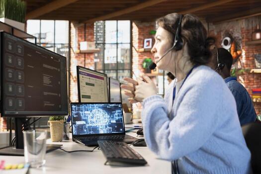 llamada centrar empleado en oficina utilizando ai chatbot a proporcionar rápido respuestas a común cliente consultas mujer haciendo cliente Servicio trabajo generando automatizado respuestas a clientela utilizando ai foto