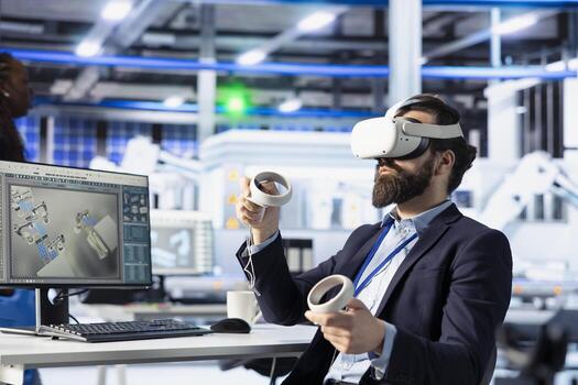 Photovoltaics factory engineer analyzing data using VR headset to review system health. Solar panels plant specialist troubleshooting issues using virtual reality tech, diagnosing faults photo