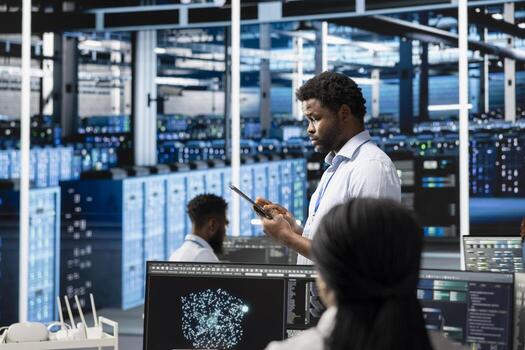 Data center technician using artificial intelligence visualization tools to identify infrastructure malfunctions. Server farm specialist looking at insights to detect hardware failures photo