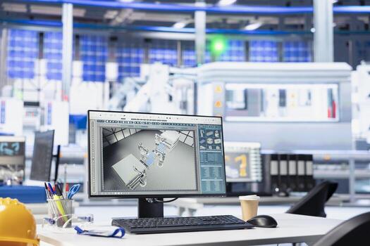 Computer in photovoltaics factory used to oversee performance of robot arms placing solar panels on assembly lines. PC display in empty facility used for upgrading solar plant machinery photo