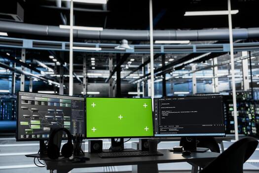 Green screen computers in data center used for managing energy consumption. Mockup PCs in high tech establishment used for automation and monitoring processes in server room photo