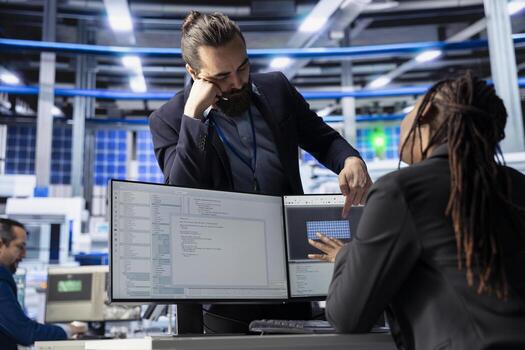 Solar panels plant manager checking up on programmer writing software to monitor machinery performance. Team leader and engineer creating solutions to integrate robotic systems with factory processes photo