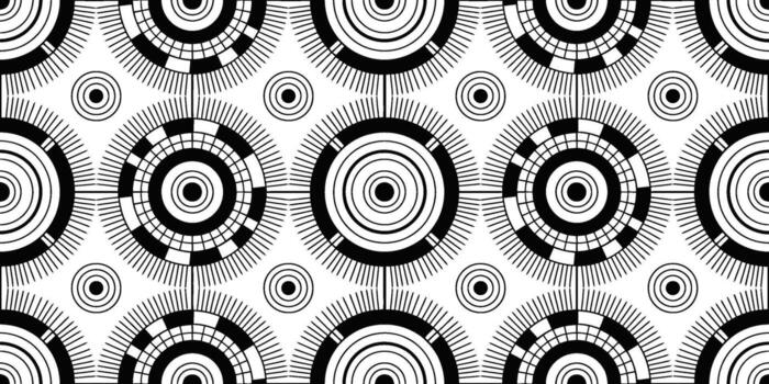 Seamless pattern of black and white circles and radiating lines design art vector