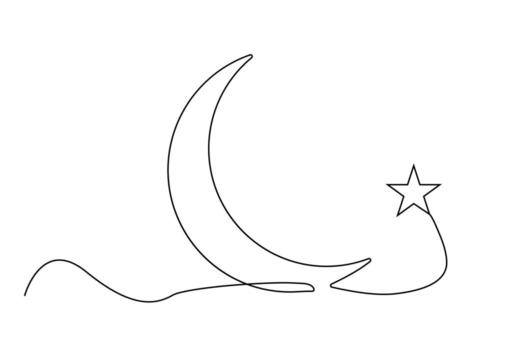 Continuous one line art of Moon with star. Ramadan Kareem banner in simple linear style. vector