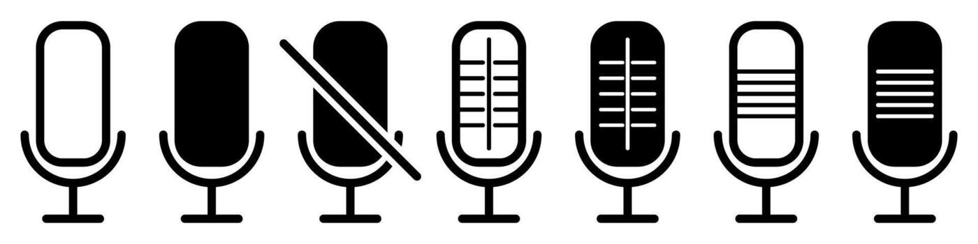 Microphone Icons Set. Voice Recording, Audio Mute, Podcast Symbols in Flat Style. Sound UI Elements for App, Web, Interface, Communication, Music, Broadcast. Black and White Illustration vector