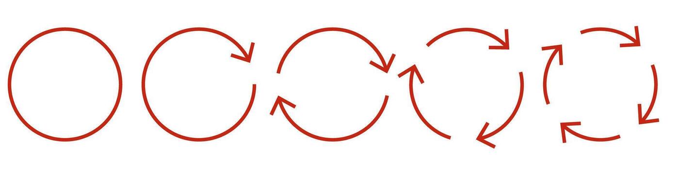 Set of red circular arrow icons. Rotation and cycle symbols for infographic, process diagram, reload, repeat, and synchronization concepts. Simple flat design with rounded arrows. vector