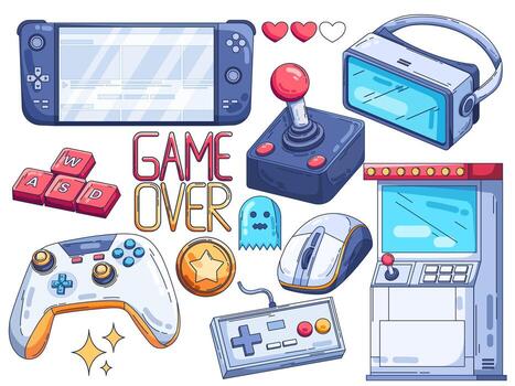 illustration set of gaming clipart and symbols collection, including gamepad, controllers, VR headset, arcade machine, joystick, WASD keyboard keys, coins, hearts, and Game Over screen text. vector
