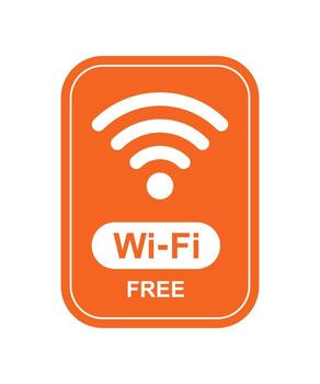 Orange free Wi-Fi label with wireless signal icon, white outline border, and text, symbolizing internet connectivity, hotspot service, and public network access vector