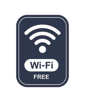 Dark blue free Wi-Fi label with wireless signal icon, white outline border, and text, symbolizing internet connectivity, hotspot service, and public network access vector