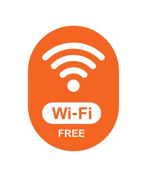 Orange oval free Wi-Fi label with wireless signal icon and text, representing internet connectivity, hotspot service, and public network access vector
