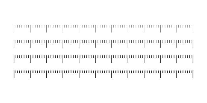 Ruler scale icons with measurement markings in various styles, representing length, distance, precision, and measuring tools on a white background vector