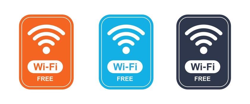 Collection of free Wi-Fi labels in orange, blue, and dark gray variations with wireless signal icons and text, representing internet connectivity, hotspot service, and public network access vector