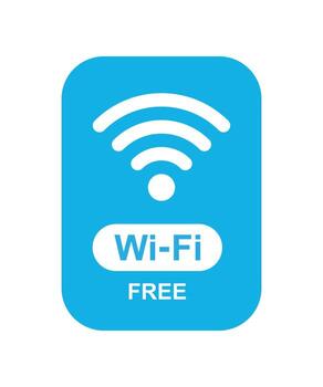 Blue free Wi-Fi label with wireless signal icon and text, representing internet connectivity, hotspot service, and public network access on a white background. vector