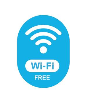 Blue oval free Wi-Fi label with wireless signal icon and text, representing internet connectivity, hotspot availability, and public network access vector