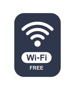 Dark blue free Wi-Fi label with wireless signal icon and text, symbolizing internet connectivity, hotspot service, and public network access vector