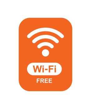 Orange free Wi-Fi label with wireless signal icon and text, symbolizing internet connectivity, hotspot service, and public network access on a white background. vector