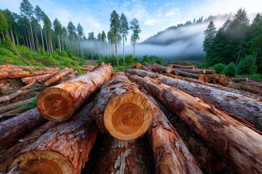 Logs lay across a forest clearing surrounded by misty trees and vibrant greenery photo