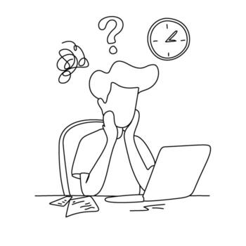 línea Arte de un estresado persona trabajando en un ordenador portátil con pregunta marca vector