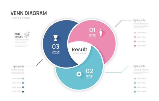 Venn diagram business infographic circle chart template 3 steps options, presentation with venn diagram illustration. vector