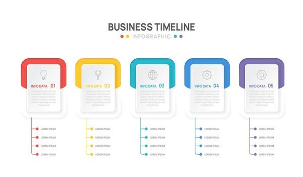 Infographic business template 2, 4, 5 steps options, presentation workflows with process diagram elements illustration. vector