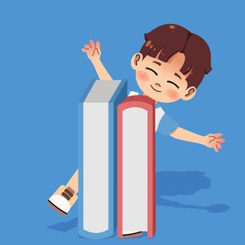A boy is laying on top of a stack of books vector