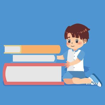 A little boy sitting on the floor with a stack of books vector