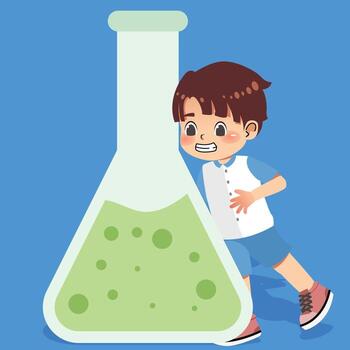 A boy is standing next to a large glass flask vector