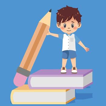 A boy is standing on top of a pile of books and a large pencil vector
