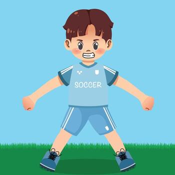 A boy in a soccer uniform is standing on the field vector