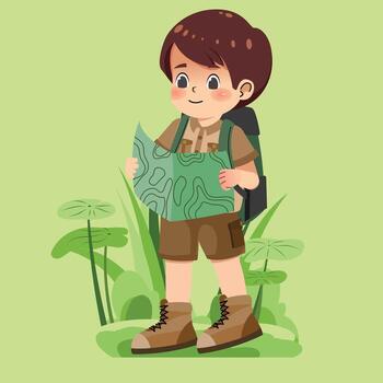 Boy reading a map in nature vector