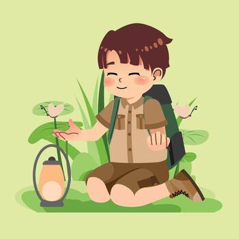 Boy with lantern and flowers in nature vector