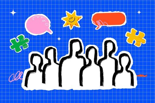 collage de estilizado multitud imágenes en papel y habla burbujas, rompecabezas piezas y garabatos alrededor. un símbolo de colaboración en sociedad. vector