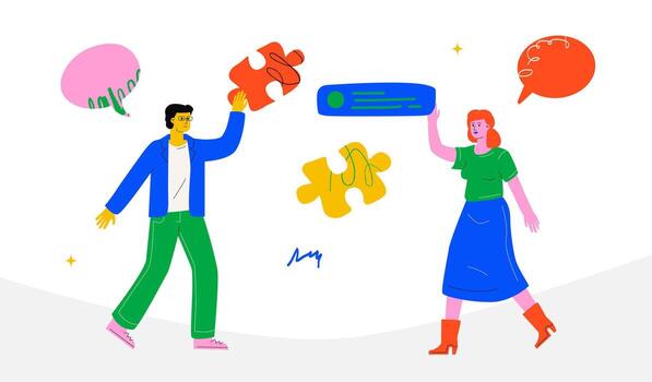 The cooperating man and woman set up the workflow. A symbol of partnership, teamwork of colleagues, and innovation. vector