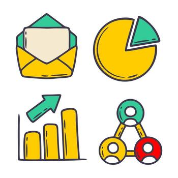 Doodle Business Element Illustration Set with Arrow Graph and Pie Chart vector