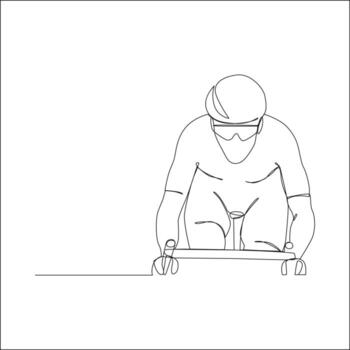 Minimalist one-line drawing of a cyclist wearing a helmet and sunglasses, riding a bicycle from a front view. vector