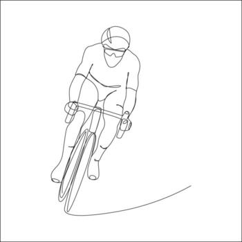 Minimalist one-line drawing of a cyclist riding a bicycle, wearing a helmet and glasses, viewed from the front in motion. vector