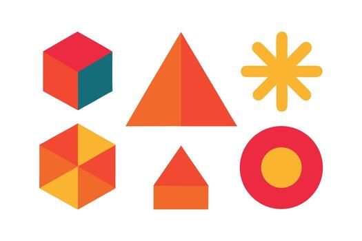 Vibrant Geometric Shapes A Playful Composition of Cubes, Triangles, and Circles in Warm Colors on White Background vector