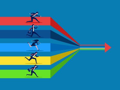 group of businesspeople run along a path of arrows that converge at the end vector