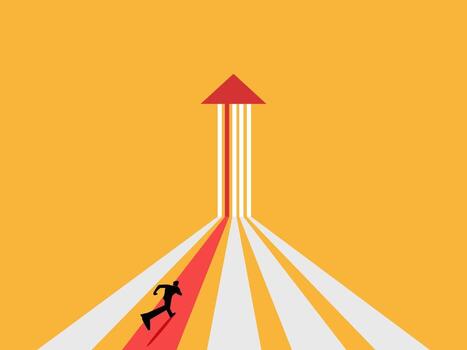 determined businessman runs on a path of arrows pointing to a single goal vector