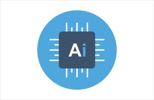 Artificial intelligence chip symbol centered on a light blue circular background against white vector
