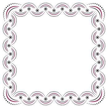 Folklore ornamental frame. Black red shapes on white background. Pattern of curve lines and rounds. Square geometry ornament in country style. Boho design element vector