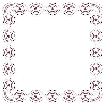 Folklore ornamental frame. Black red shapes on white background. Pattern of curve lines and rounds. Square geometry ornament in country style. Frame with place for text, photo, etc. vector