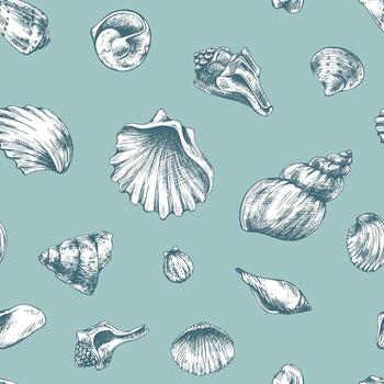 Light teal seamless pattern with scattered seashells in monochrome style, hand drawn line art illustration in black ink, ideal for nautical wrapping, fabric prints and summer themed projects. vector