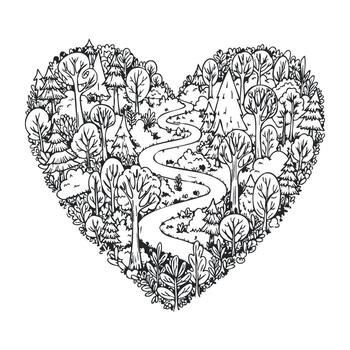 Heart shaped forest path with trees and wildlife vector