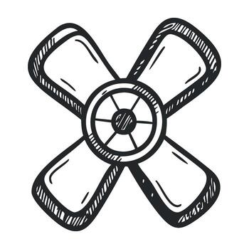 Hand drawn propeller sketch in black and white with circular center vector