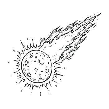 Hand drawn meteor comet sketch with flames and stars in black and white ink style vector
